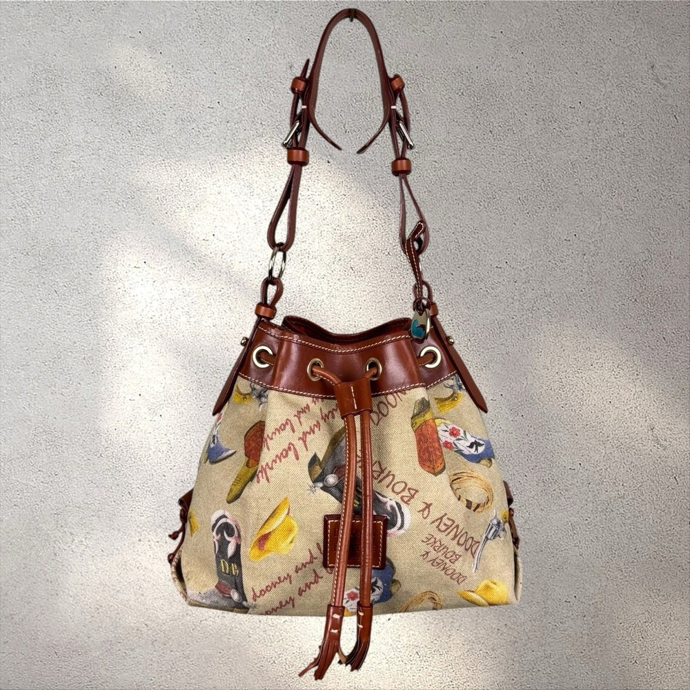 Dooney & Bourke Western Bag Canvas Leather Texas Cowboy Boots Bucket Drawstring